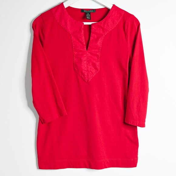 LAUREN RALPH LAUREN Red Long Sleeve V Neck Pullover Top - Size Medium - Picture 2 of 9